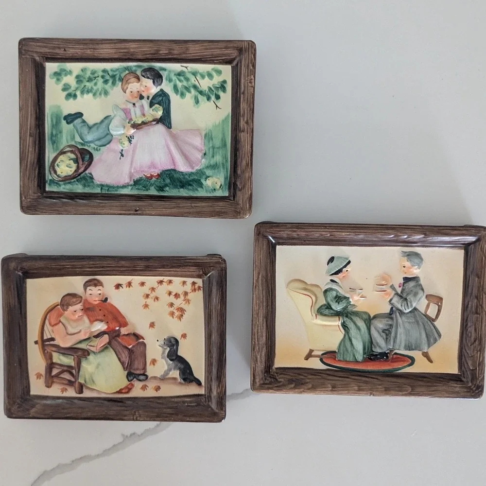Vtg MCM Napco Four Seasons of Love Ceramic Wall Plaques Set of 3 Missing Summer